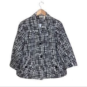 Kim‎ Rogers Size L Short Button Up Jacket Lined 3/4 Sleeve Pockets Black White
